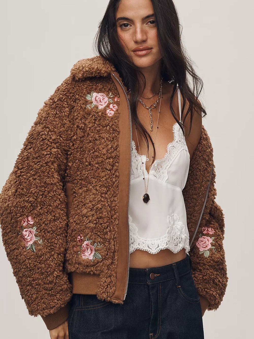 Anthropologie Floral Embroidered Sherpa Bomber Jacket